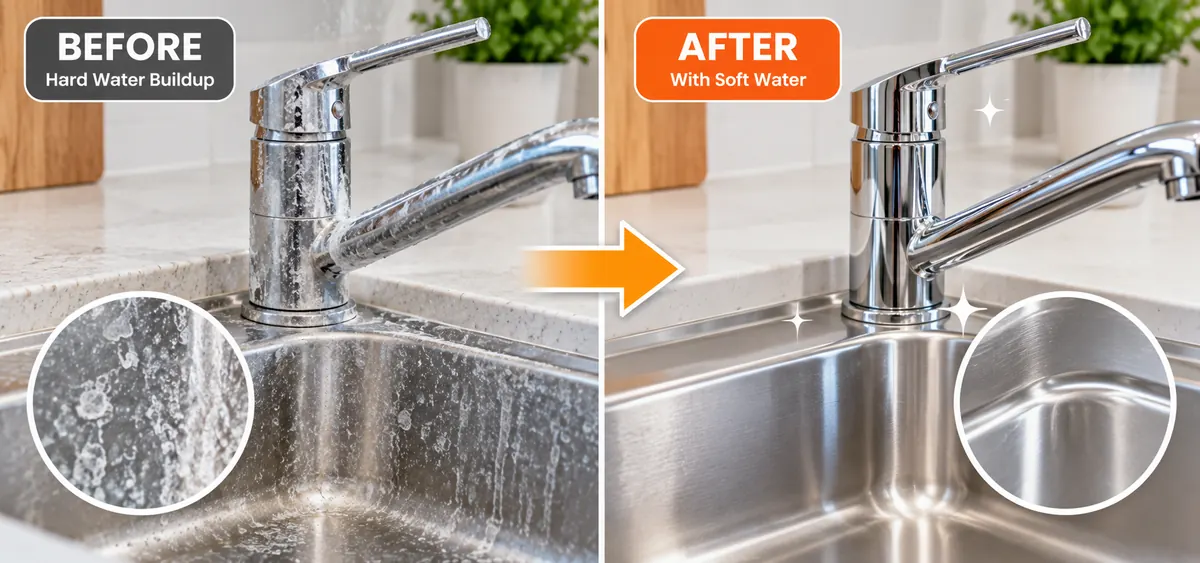 Kitchen faucet and sink with white hard water spots, next to the same faucet clean and shiny after softening